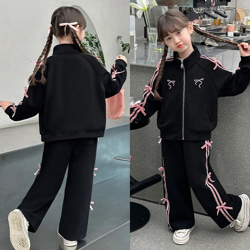 Girls Casual Sets Children Spring Autumn Sports Suits Kids Long-sleeved Jacket+Pants 2Pcs Outfits 2025 Teenager New Bow Clothes