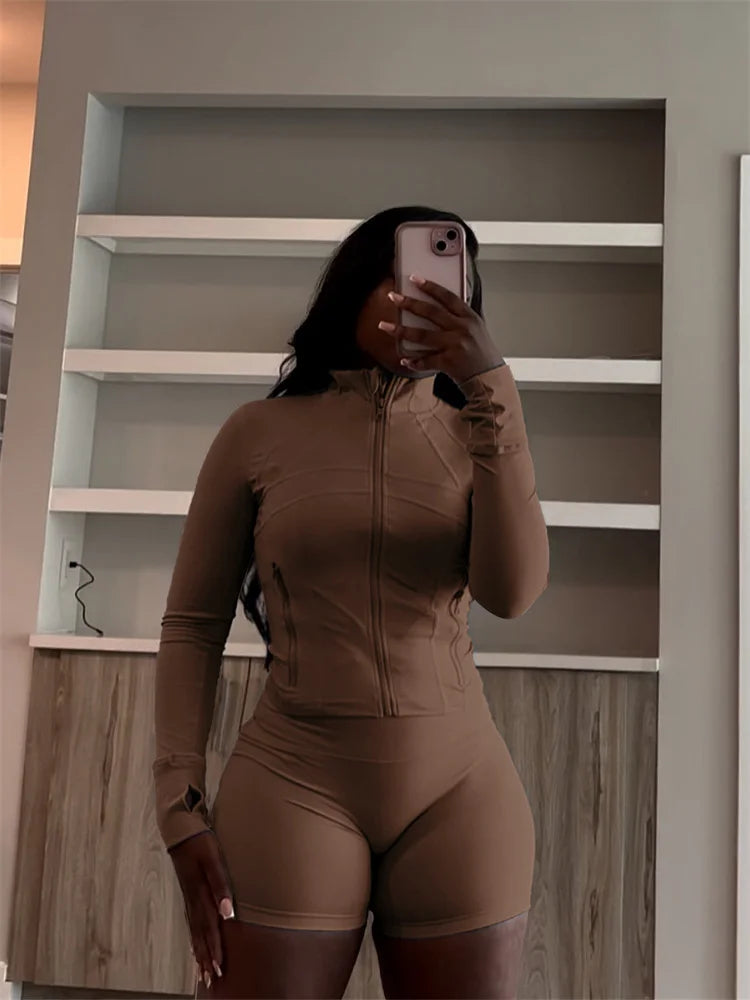 Fall Siold Bodycon Zipper Crop Top Women Tracksuits Sets+Trousers Women Black Gray 2 Two Pieces Matching Leggings Shorts Suits