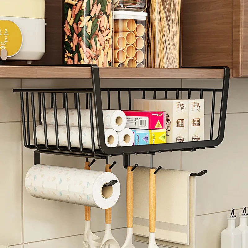 Kitchen Under Cabinet Basket Organizer Storage Hanger Cup Holder Closet Desk Hanging Rack for Kitchen Paper Towel with 4 hooks