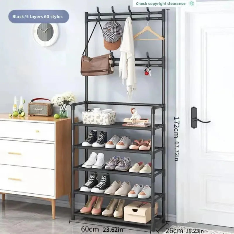 5-Tier 3-in-1 Multifunctional Metal Shoe & Hat Rack, Floor-Standing Garment Organizer for Entryway, Bedroom, Living Room, Sturdy Vertical Storage Shelf