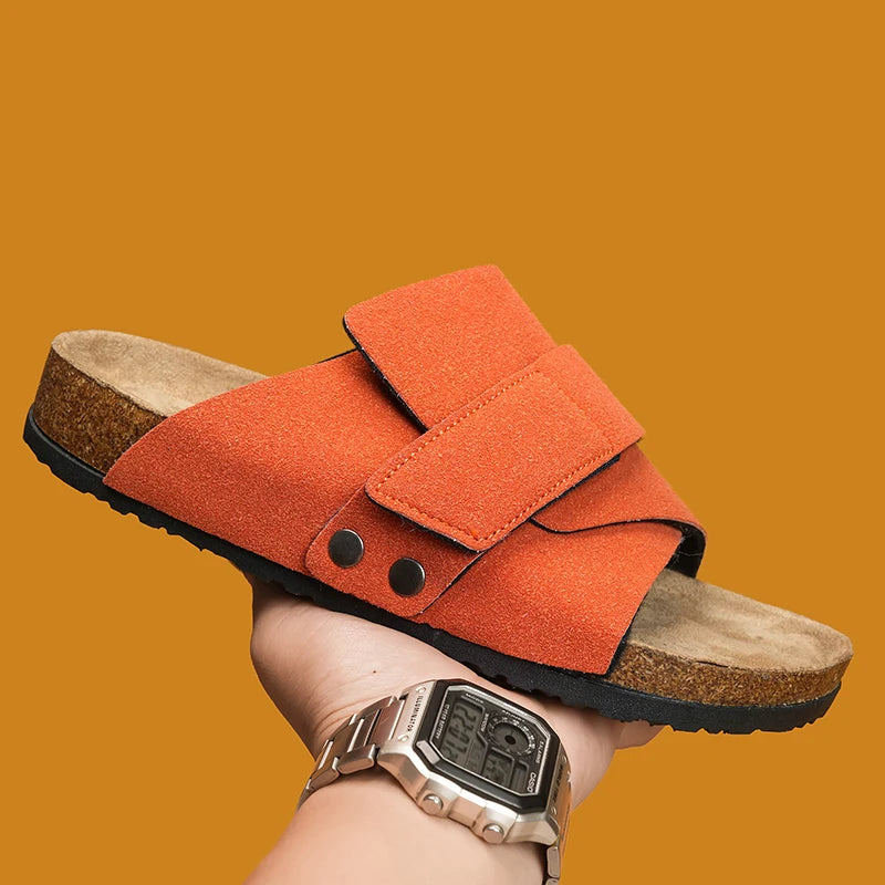 Men's Cork Slippers Suede Leather Clogs with Open Upper Comfort Footbed Adjustable Sandals Slides Indoor Home Shoes Women Couple