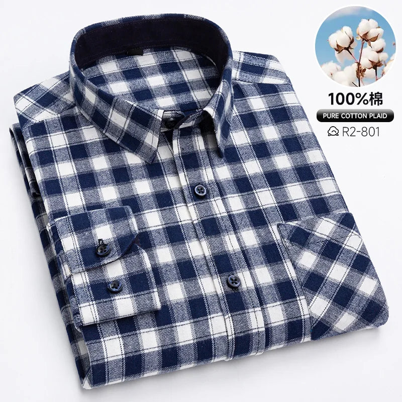 Classic Retro Plaid Flannel Shirt Long Sleeve 100% Cotton Fashion Casual Soft Spring Autumn Winter Standard Pocket Men's Shirt