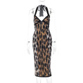 FDYOUI Fashion Halter Bodycon Leopard Dress Party Night Club Outfit Women Sexy Sleeveless Backless Midi Evening Prom Dresses