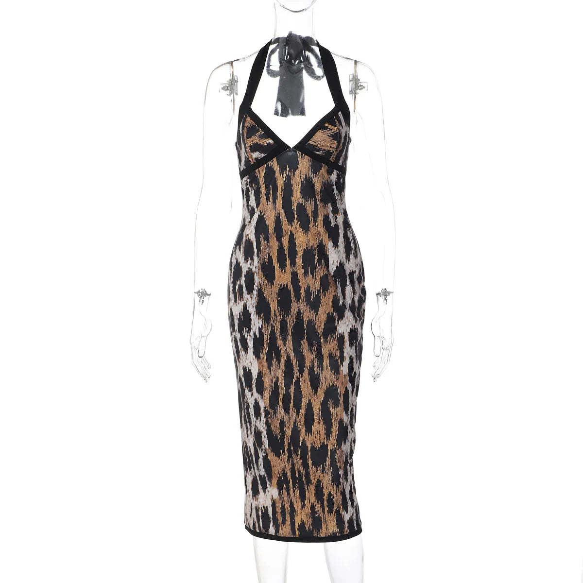 FDYOUI Fashion Halter Bodycon Leopard Dress Party Night Club Outfit Women Sexy Sleeveless Backless Midi Evening Prom Dresses