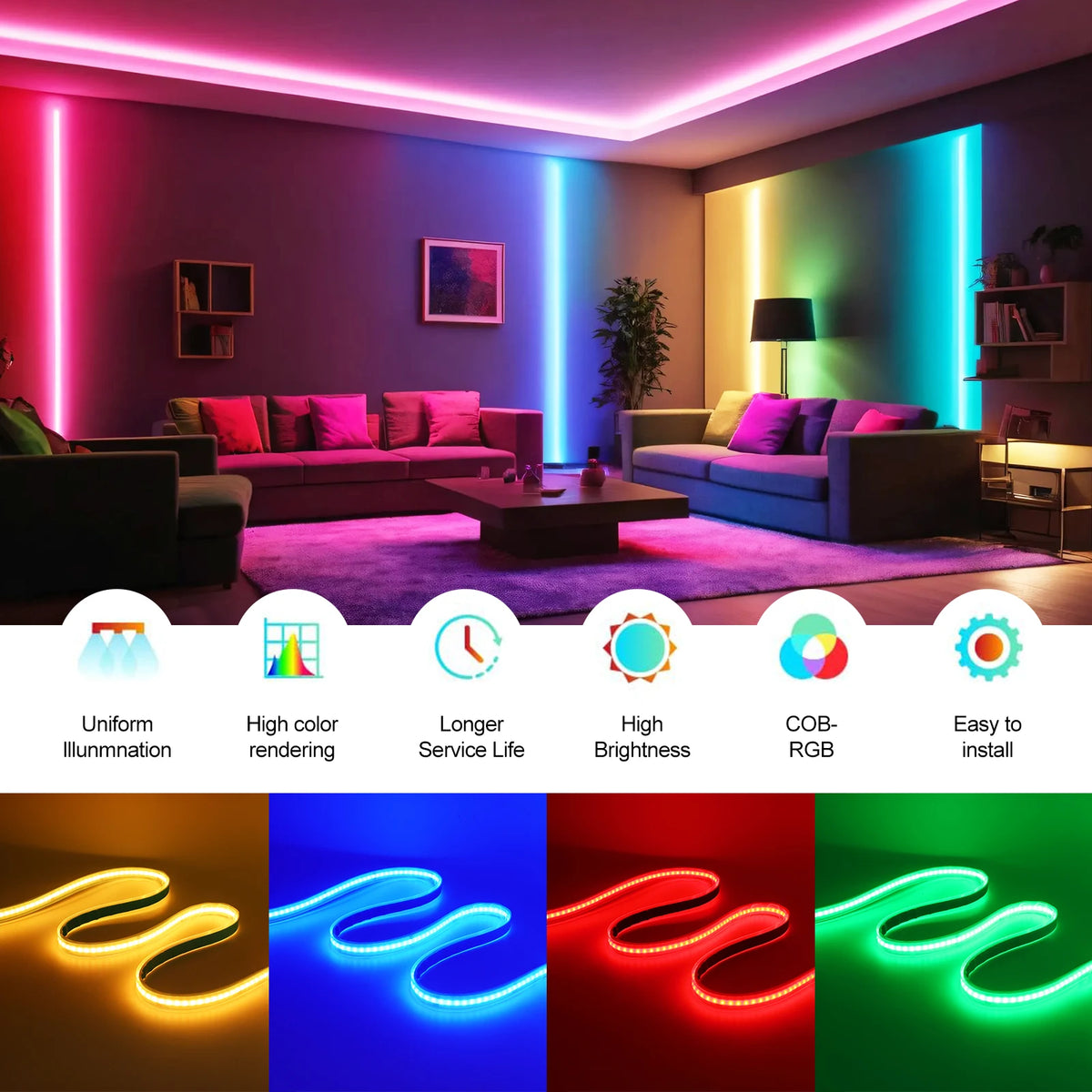 DC 12V 24V RGB COB LED Strip 10mm PCB 576LEDs/m High Density Flexible LED Tape for DIY Living Room Bedroom Decor Lighting