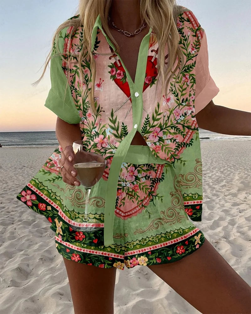 Summer Hot Style Print Beach Holiday 2-Piece Set Women Short Sleeve Shirt Top Wide Legs Short Women's Oversized Two-Piece Sets