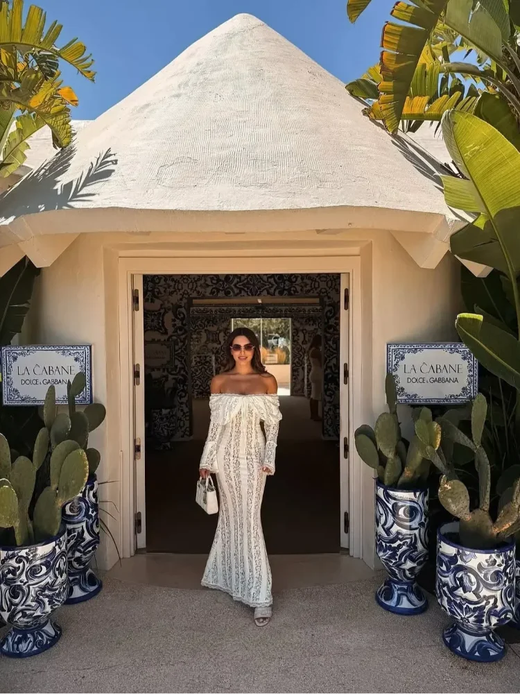 White Lace Flare Off Shoulder Dress Women Elegant Sexy Hollow Out Long Sleeve Slim Dresses 2026 Spring Lady Mermaid Floor Robe