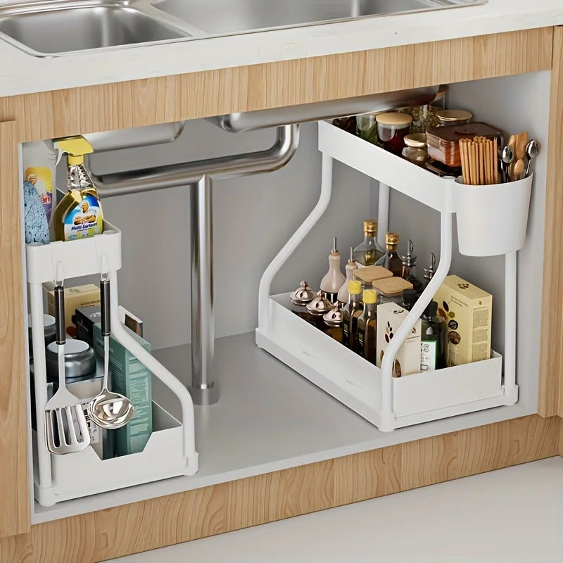 Space Saving 2 Tier Under Sink Organizer,Pull Out Storage Box Durable Large Capacity Kitchen Bathroom Essential Drawer Organizer
