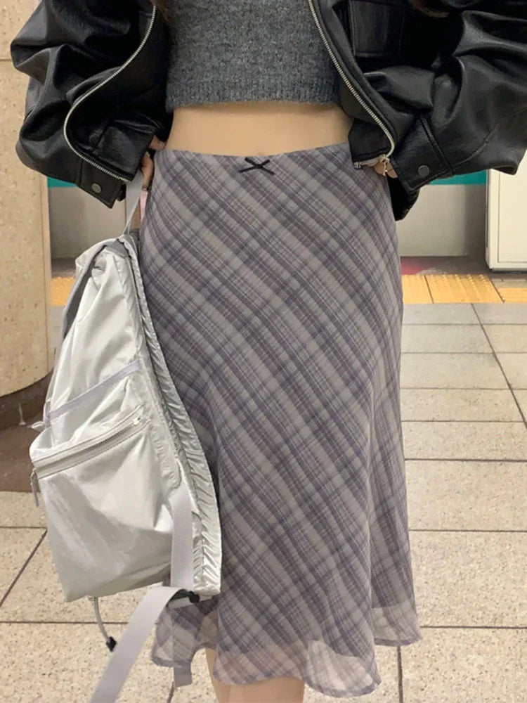 2026 Summer Vintage Midi Plaid Striped Print Skirts Women Sweet Loose Pleated Ladies Skirt High Waist Korean Style Woman Skirts