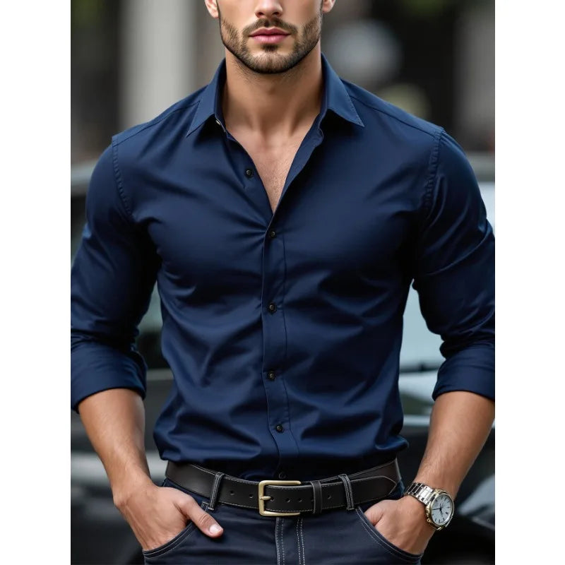 FGKKS New Men Shirts Fashion Quality Long Sleeve Casual Solid Color Elastic Male Business Shirt
