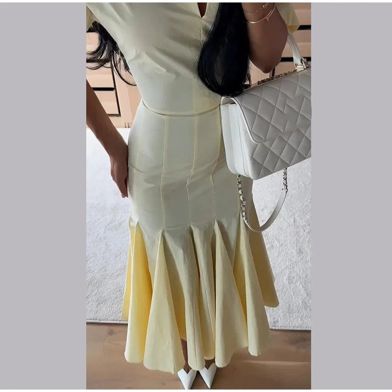Elegant Pleated Waist-cinching Long Dress Women's Sexy V-neck Short Sleeve Bodycon Dresses 2026 Summer New Lady Solid Robes