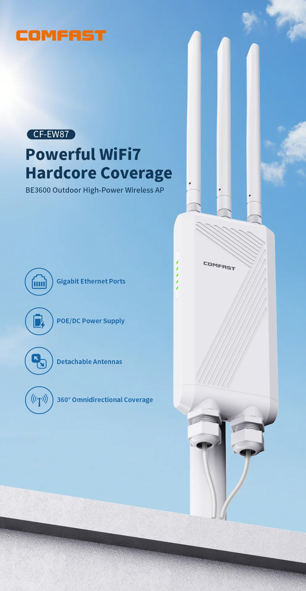 COMFAST BE3600 WIFI7 Outdoor AP Router 2.4G/5.8G Dual Band Long Range Signal Extender Amplifier Wireless Repeater Waterproof