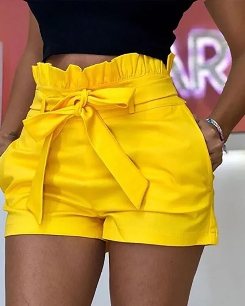 Women's High Waist Paper Bag Waist Shorts with Belt Bow Ruffle Hem Casual Summer Shorts with Pockets