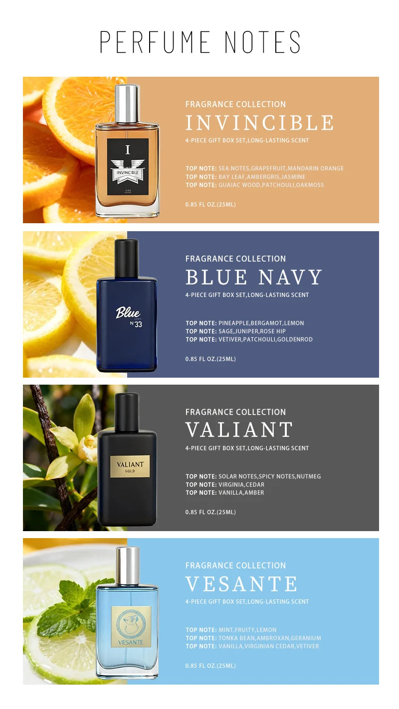 4-Piece Men's Perfume Gift Set (0.68oz Each) - 4 Long-Lasting Fruity aroma & Fresh Scents, The Perfect Holiday, Date & Party Gift