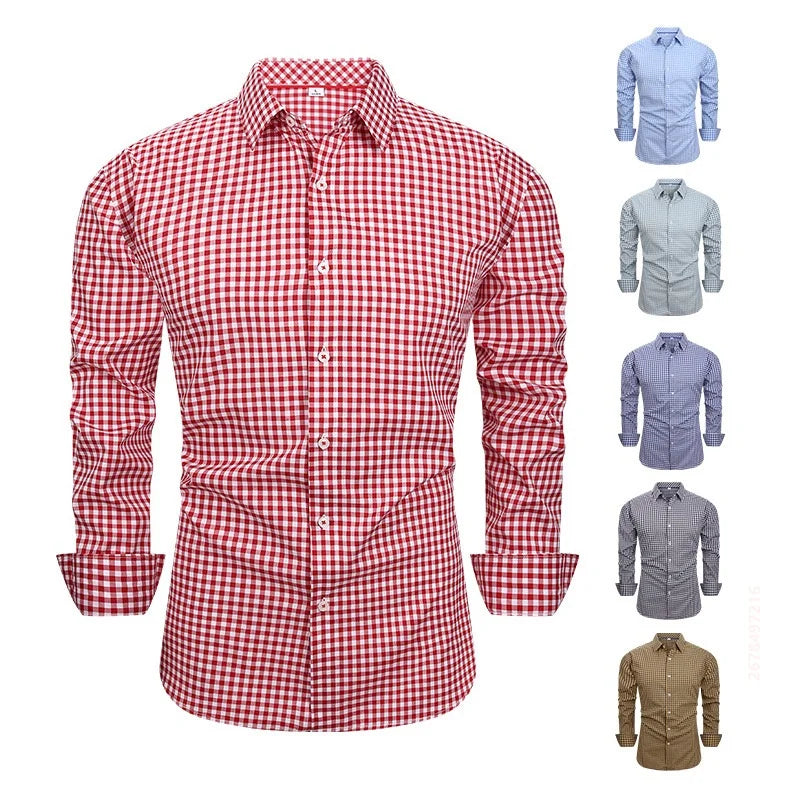 Men's Long-Sleeved Shirt, Plaid Long-Sleeved Shirt, Business Casual Slim-Fit Collared Shirt, Multiple Colors Available.
