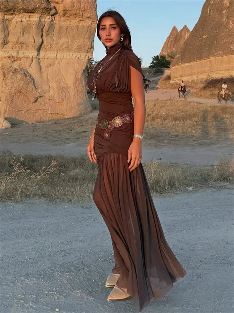 Tossy Black Mesh Fashion Maxi Dress For Women Sleeveless See-Through Patchwork Pleated Party Dress Female Autumn Long Dress 2025