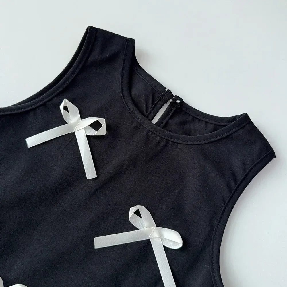 Black Bow Decoration Girls Dress Summer Sleeveless Princess Dresses Color Blocked Children's Clothing 3 To 7 Years Wear
