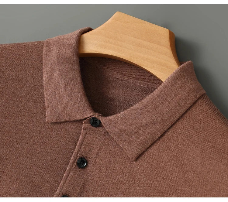 Men's Worsted Wool Kknit Pullover, Business Casual Polo Neck Sweater, Monochromatic Loose Top, Autumn and Winter Fashion, New