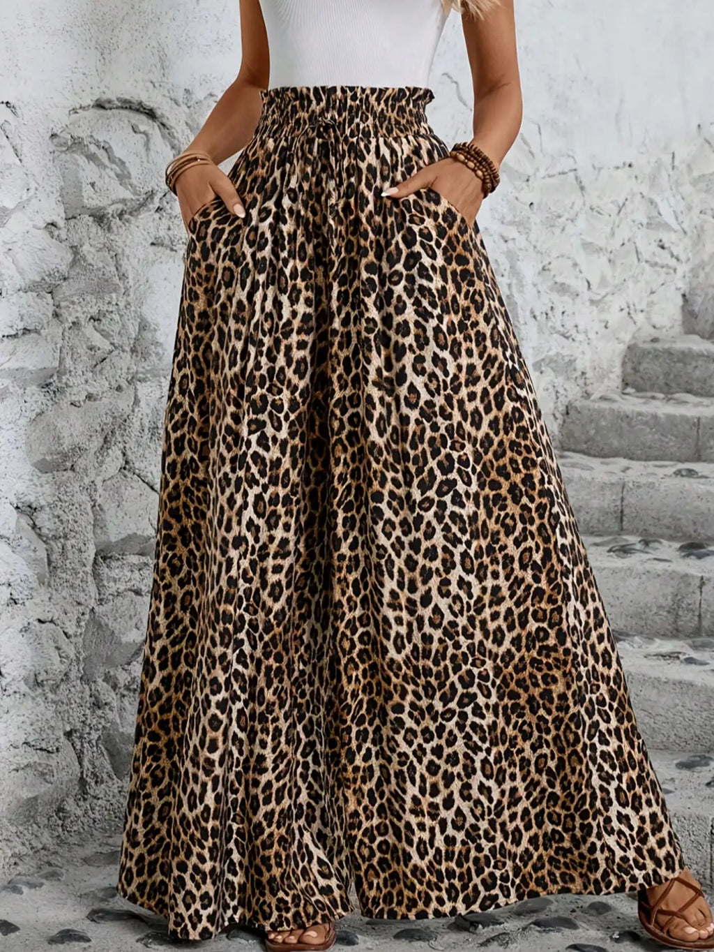 Casual Fashion Women's Clothing for All Seasons, Leopard Print, Comfortable High Waist, Elastic Waist, Wide Leg Pants