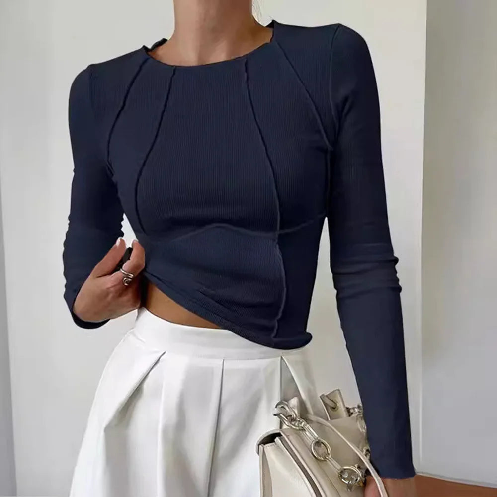 2025 Lady shirt Fall Winter Women's Slim Fit Casual Round Neck Basic Pullover Chest Shape Stitching Long Sleeve Sports Shirt