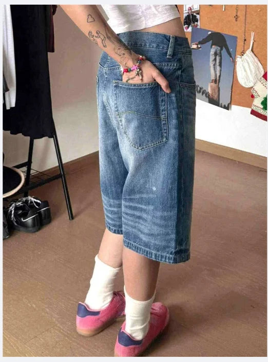 Women Denim Shorts Classic Denim Shorts Women's High Waisted  Jean Shorts Wide Leg Baggy Denim Jorts with Pockets Knee