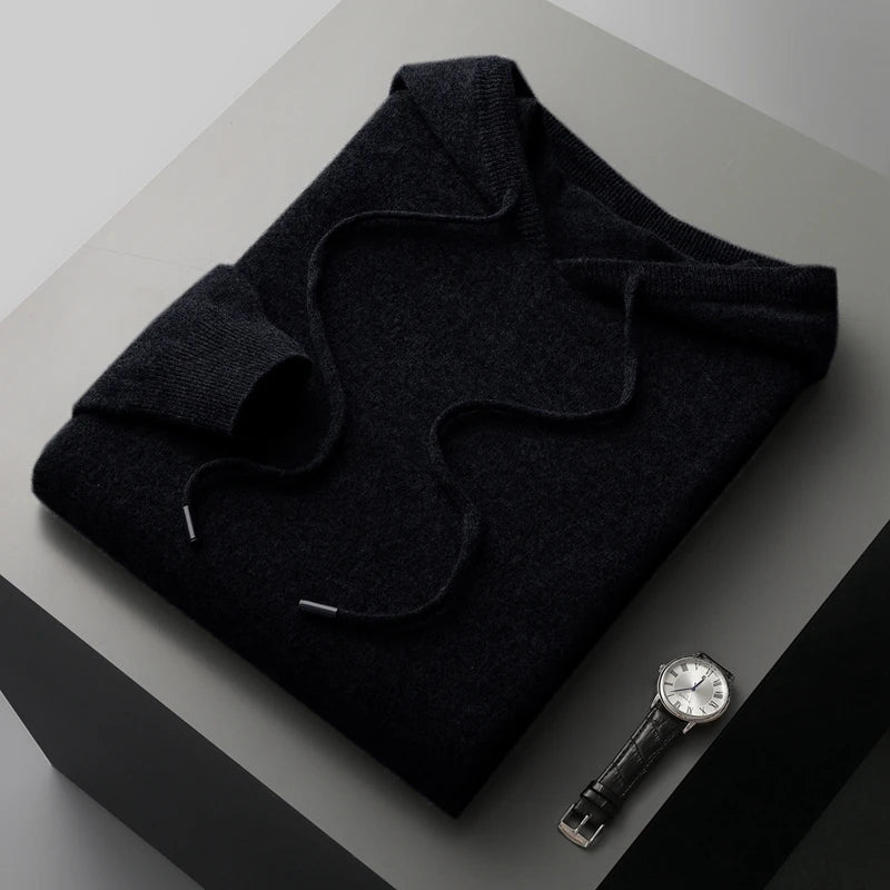 Men's 100% Merino Wool Two-piece Suit Knitting Hooded Collar Pullover and  Wide-leg Pant Autumn Winter Thickened Warm Sweater