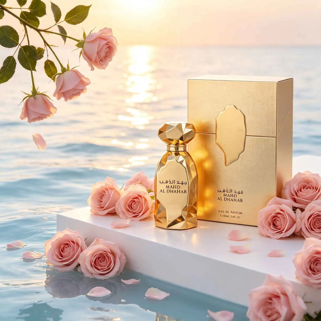 Mahd Al Dhahab perfume with stunning faceted golden bottle. Rich opulent scent with premium gift box, an outstanding gift for festivals and business occasions.