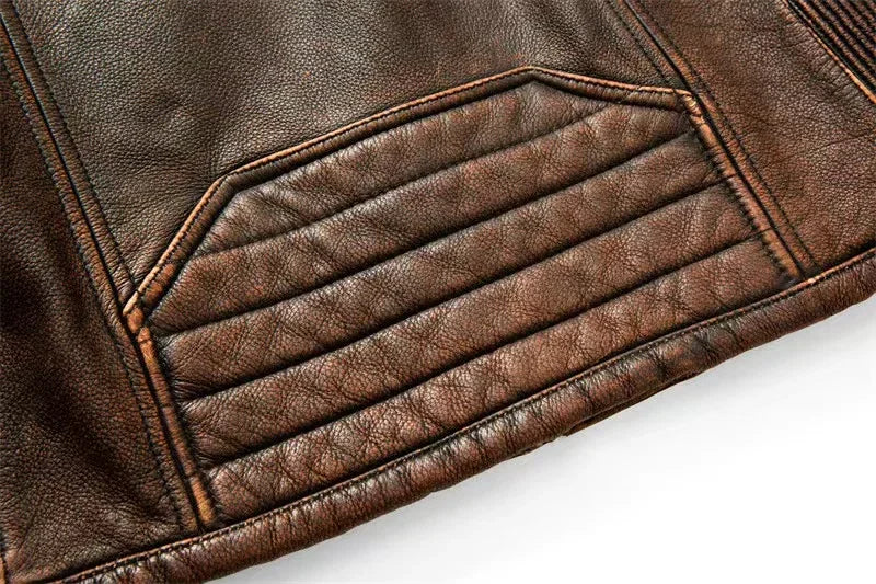 2023 New Motorcycle Causal Vintage Leather Coat Men Autumn Outfit Fashion Biker Pocket Design Top Layer Cow Leather Jacket