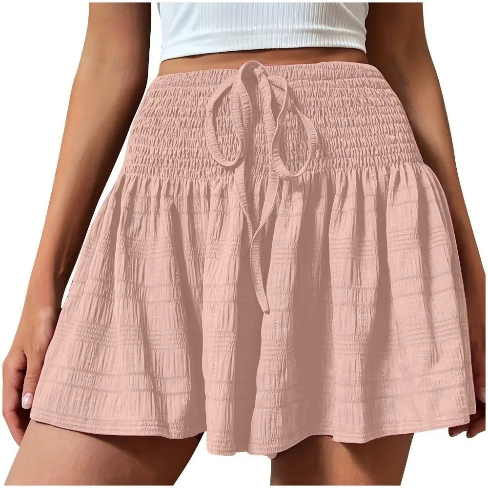 Casual Drawstring Women's Short Loose High Waisted Sports Shorts Skirt Pleated Lace Up Pajama Pants Summer