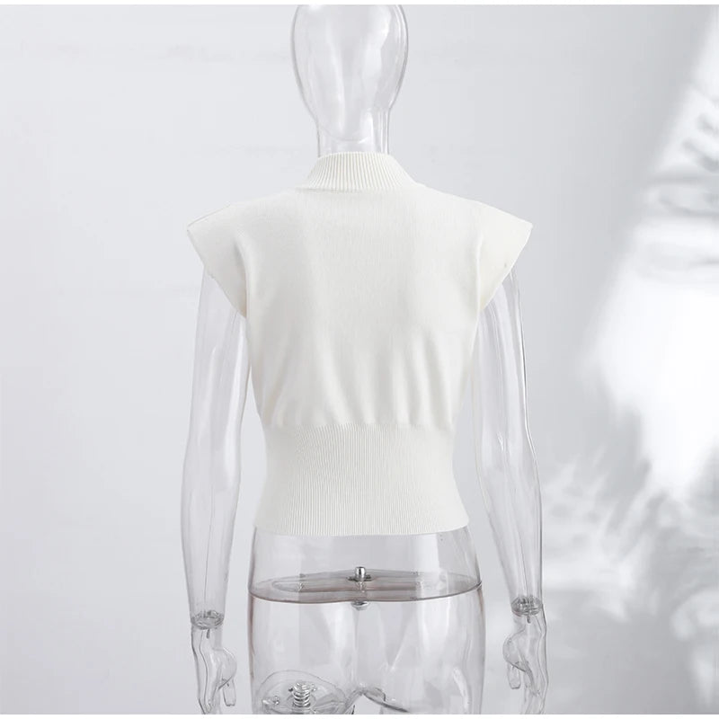 Women's Double Zipper Knit Vest Stand Collar Shoulder Pad Sleeveless Slim Cropped Sweater 2026 Autumn All-match Casual Outfits
