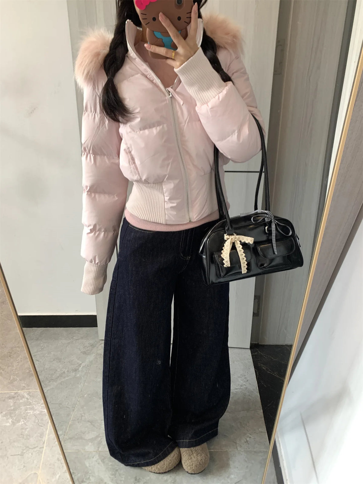 Winter New Women's Faux Fur Hooded Thick Padded Coat Slim Waist Short Cotton Jacket Sweet Style Warm Outerwear Parka