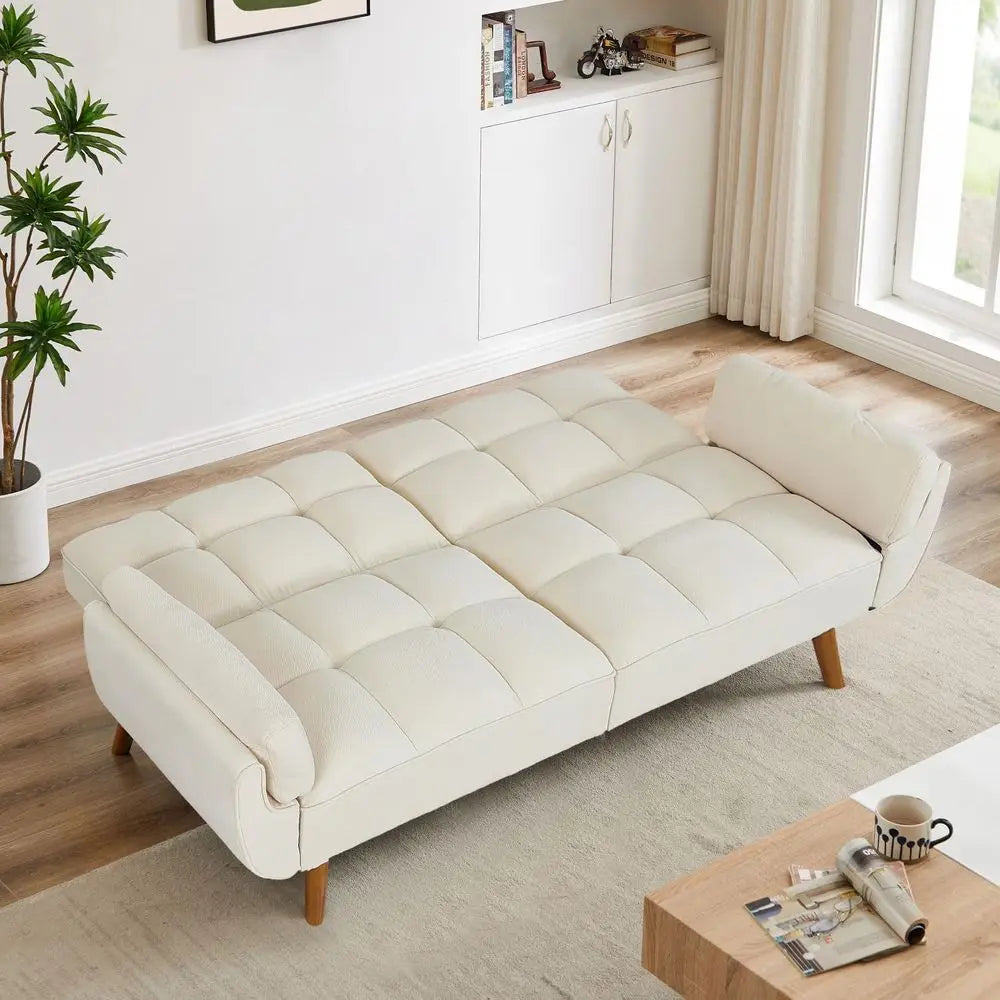 Twin Size Convertible Sleeper Sofa with Reclining Linen Split Back and Pillow Top Arms for Compact Living Spaces in Beige
