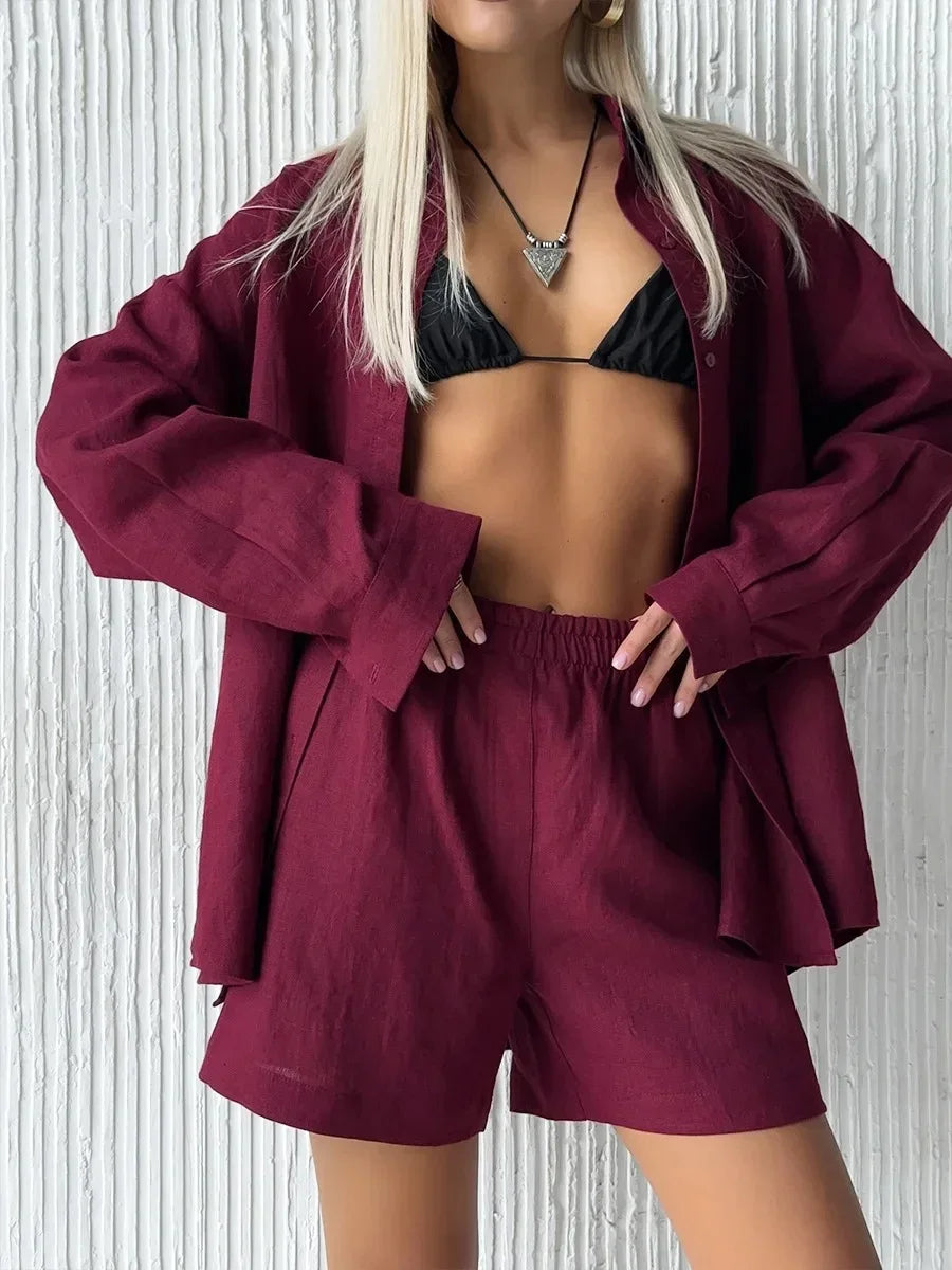 Women 2 Piece Shorts Set Casual Solid Loose Holiday Tracksuit Long Sleeve Cardigan And High Waist Female Shorts Sets 2025 Summer