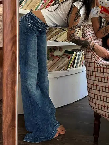 Women Washed Jeans Flare Pants Denim Mid Waist Slim Fit Pockets Button Solid Vintage Full Length Casual Denims Trousers