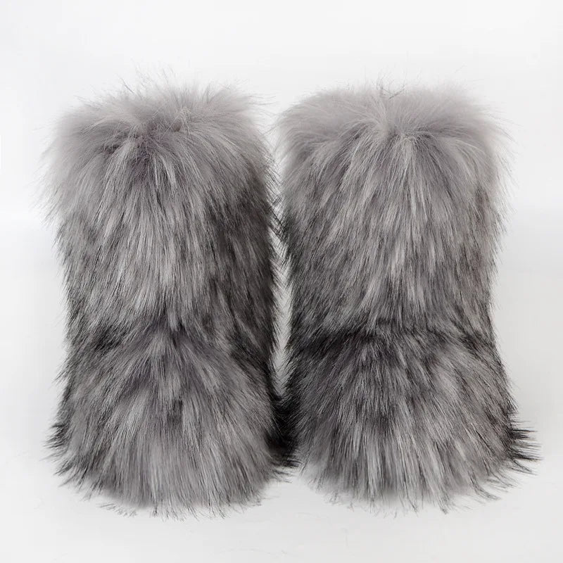 Women's Winter Snow Boots Outdoor Luxury Furry Faux Fox Fur Boots Woman Plush Warm Platform Shoes New Fashion Bottes Big Size 46