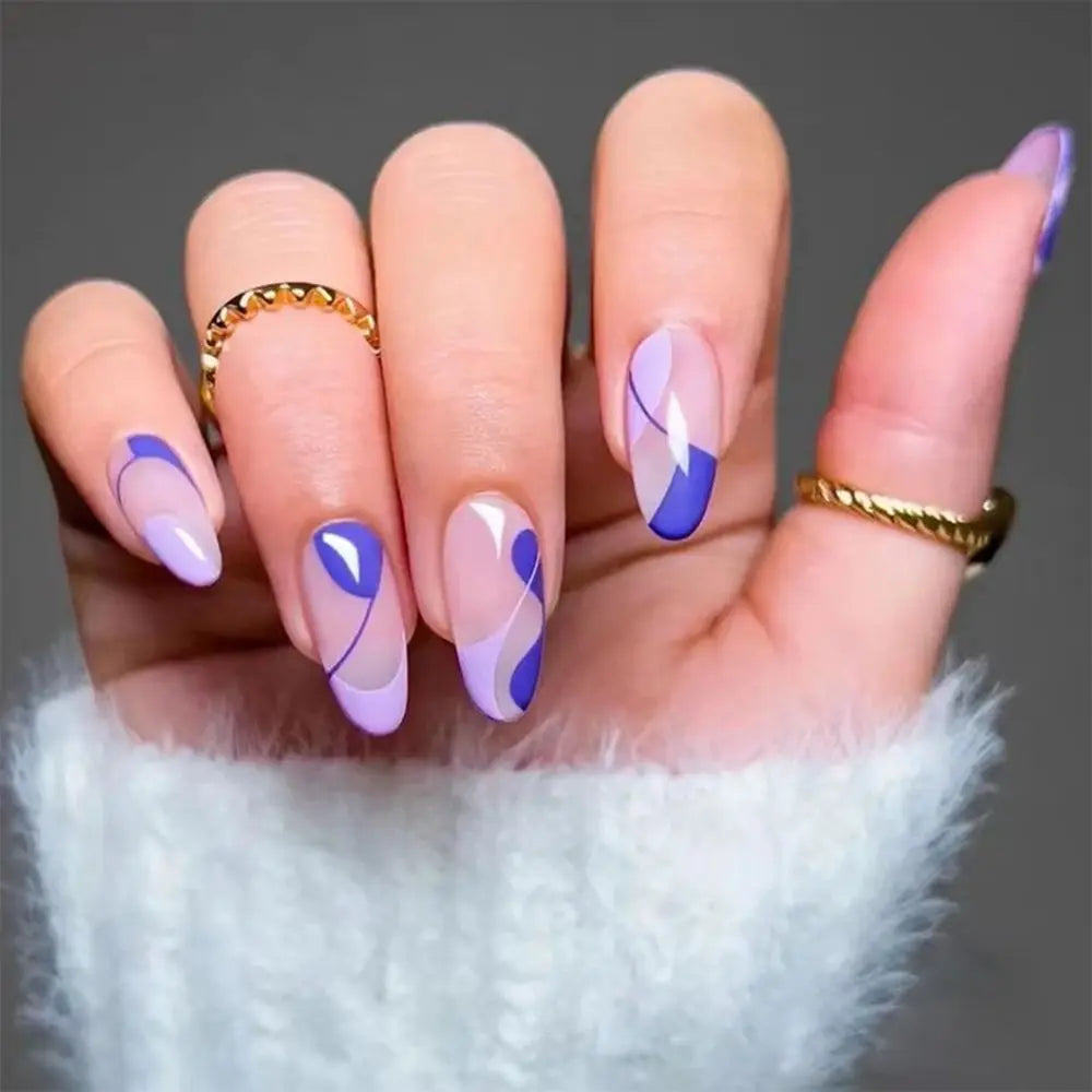 24Pcs/Set Blue Sky White Cloud Fake Nails Glue DIY Manicure Pattern Design False Nail French Stiletto Full Cover Nail Art Tools