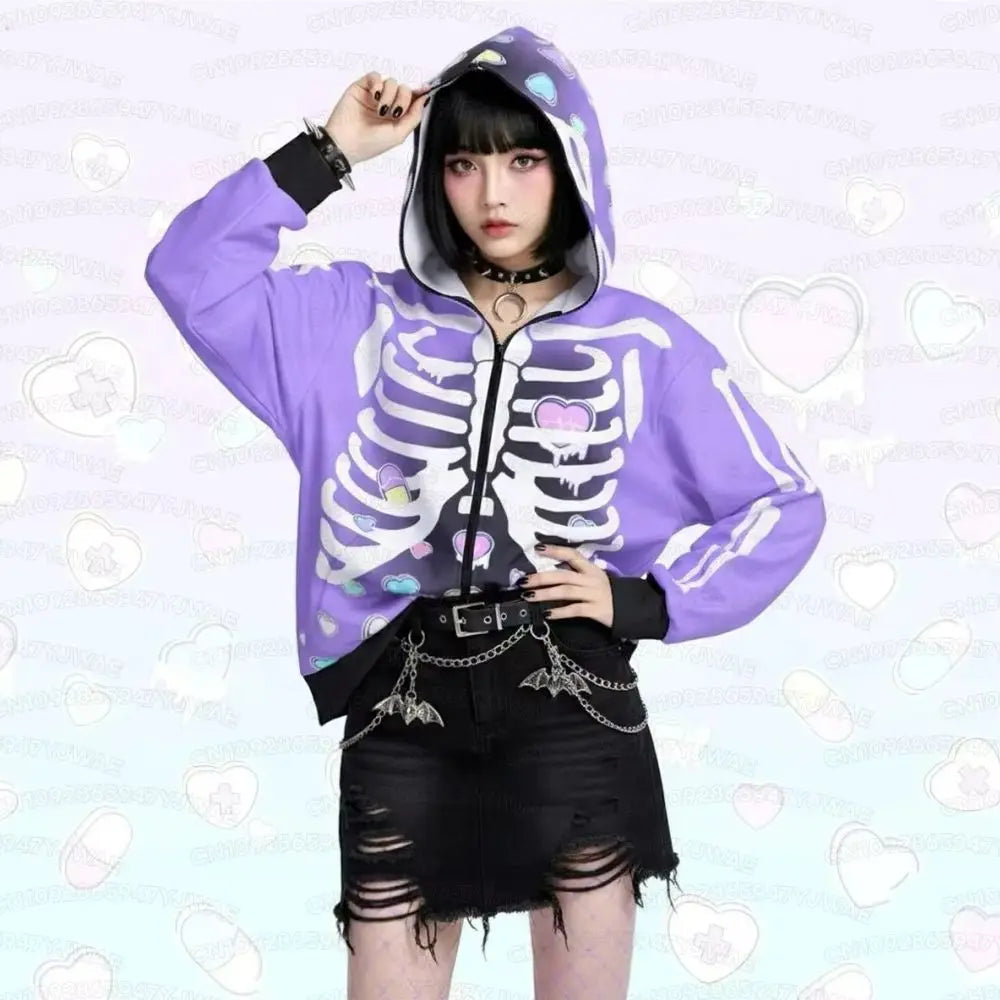 Women's Broken hearts Unisex Zipper Hoodie Rib Cage Spooky Cute Pastel Goth Menhera Halloween Creepy Cute Skeleton Hoodies