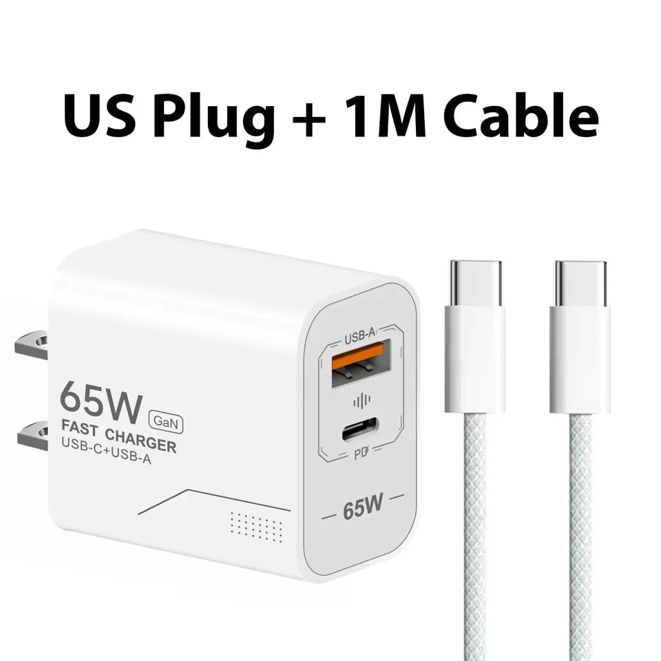 65W Charger USB C GaN 2-Port Fast Charging Phone Charger Power Adapter For Phone Type C  Compatible EU/US Plug Wall Charger
