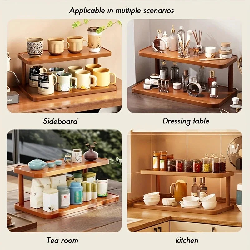 Versatile 2-Tier Wooden Storage Rack for Kitchen&Tea Room-Countertop Organizer with Decorative Desktop Multi-layer Storage Rack