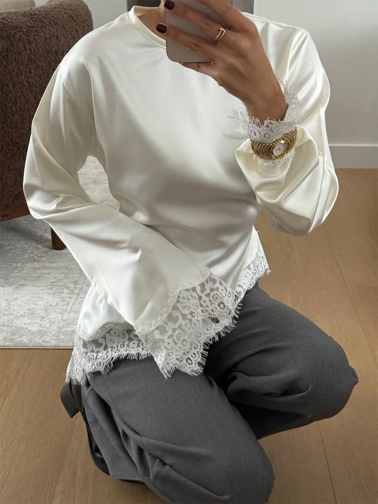 Elegant Satin Lace Patchwork Top Women Casual O-neck Loose Long Sleeves Strappy Female Shirt 2026 Spring Lady Fashion T-shirt