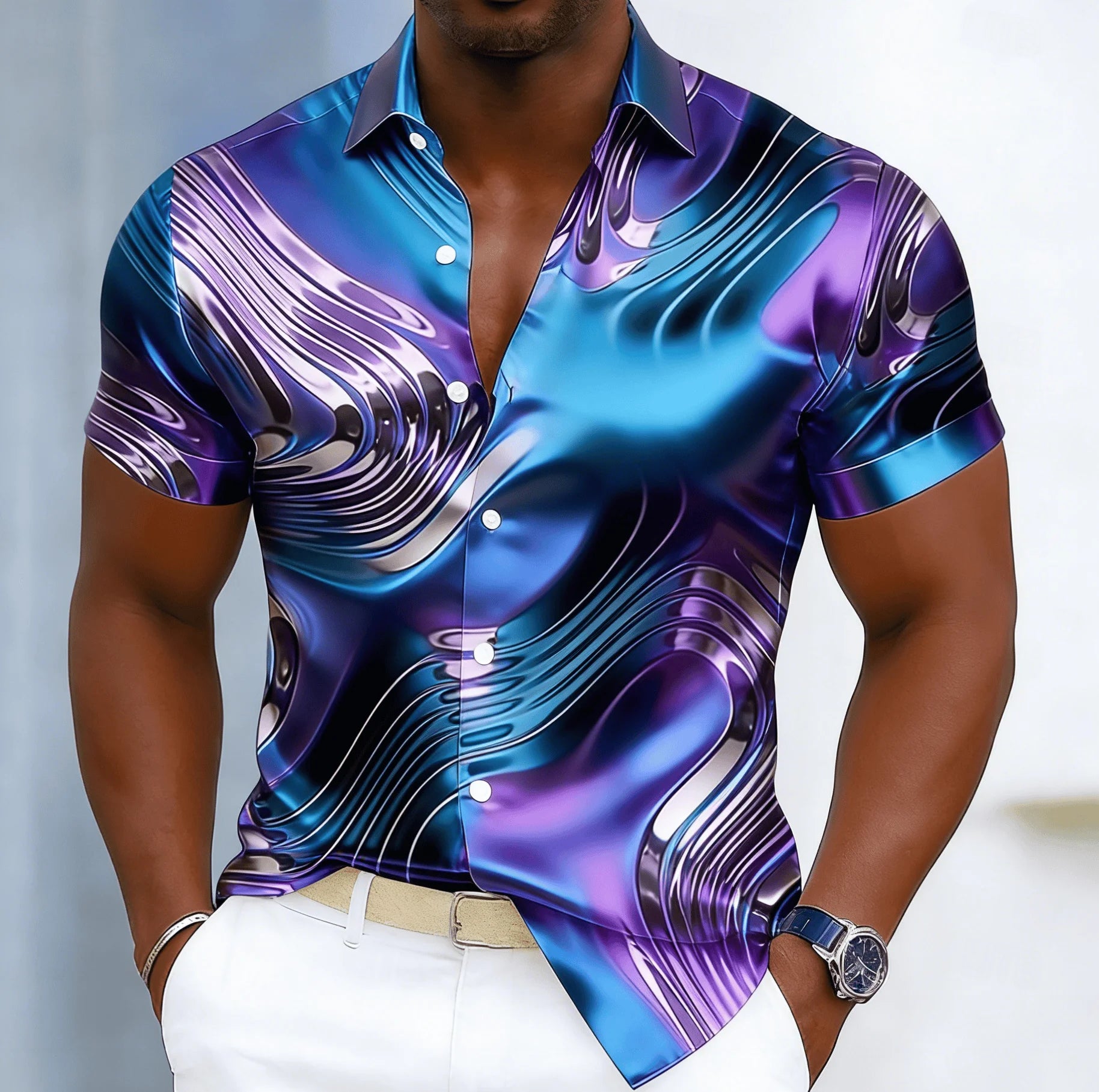 Men's Cyberpunk Fluid Gradient Print Short Sleeve Shirt, Spring Summer Edgy Casual Party Blouse, Loose Casual Top