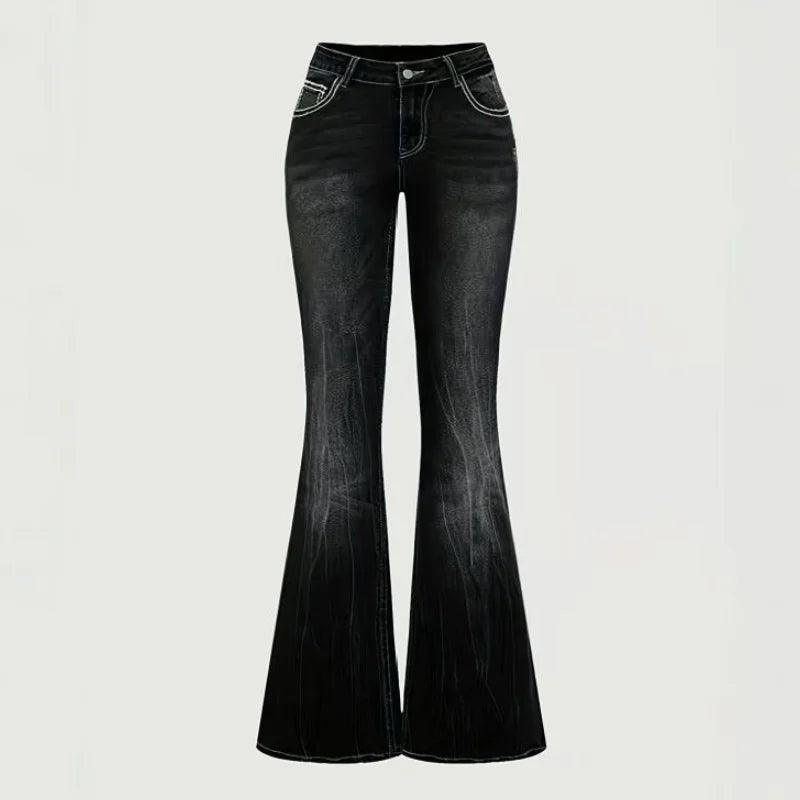 2026 New Female Chic Embroidery Rhinestone Mid-rise Jeans Girls Black Slim Fit Denim Trousers Women Retro Straight Leg Pants