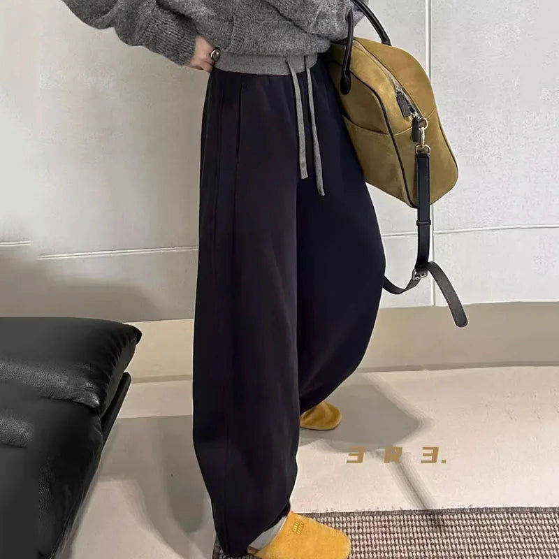 Women Drawstring Baggy Sweatpants High Waist Loose Wide Leg Curved Trousers Casual Soft Streetwear Jogger Pants for Daily Wear