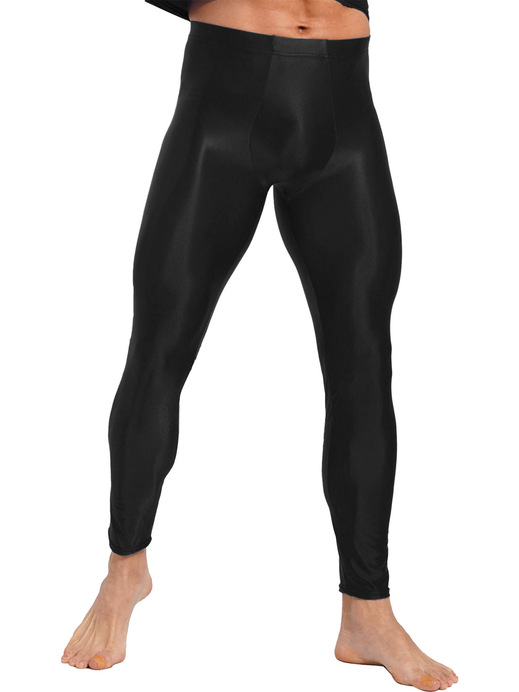 Men Elastic Waistband Skinny Shiny Yoga Tights Pants Solid Color Leggings Exercise Running Gym Fitness Training Sportswear