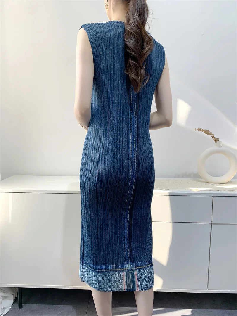 Miyake Pleated Imitation Denim Dress 2025 Summer New Mid-length Slim and Thin Short-sleeved Pleated Skirt
