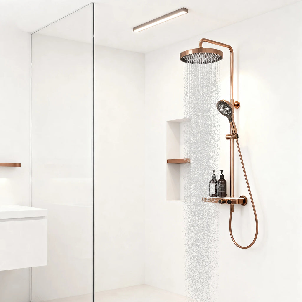 KEMAIDI Rose Gold Bathroom Shower Set Rainfall Hot And Cold Control Multifunctional Bath Shower Faucet System W/ Hand Shower