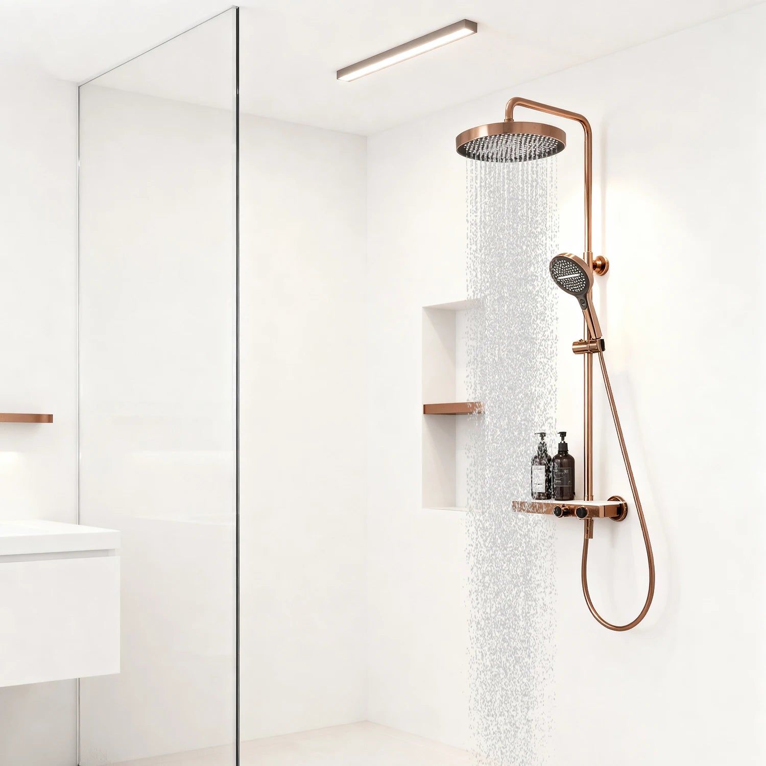 KEMAIDI Rose Gold Bathroom Shower Set Rainfall Hot And Cold Control Multifunctional Bath Shower Faucet System W/ Hand Shower