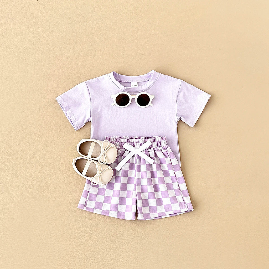 2PCS Kids Clothes Baby Boys Girls Solid Color Short Sleeve T-shirt Plaid Pattern Shorts Sets Baby Clothing Sets 0-3Y