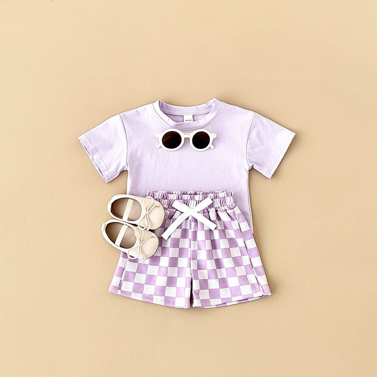 2PCS Kids Clothes Baby Boys Girls Solid Color Short Sleeve T-shirt Plaid Pattern Shorts Sets Baby Clothing Sets 0-3Y