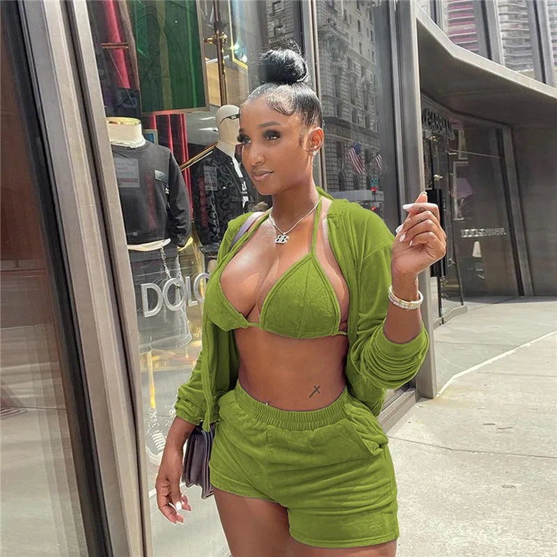 Velvet Tracksuit 3 Piece Set Women Fall Outfits Zipper Hoodies Jacket + Bra + Shorts Sets Sporty Matching Sets Jogging Femme